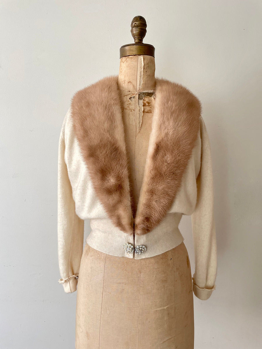 Vintage 50s Cream Cashmere Sweater with Removeable Mink Collar