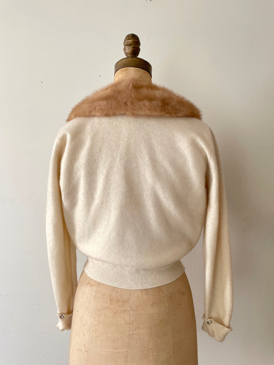 1950's Fur Trimmed Cashmere Cardigan Sweater - Size M