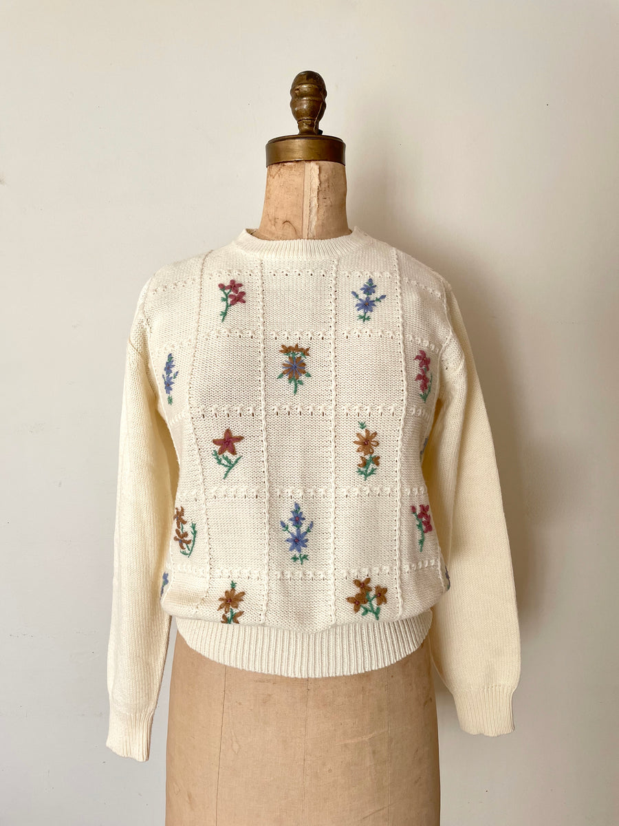 80's Cream Knit Floral Sweater - Size M
