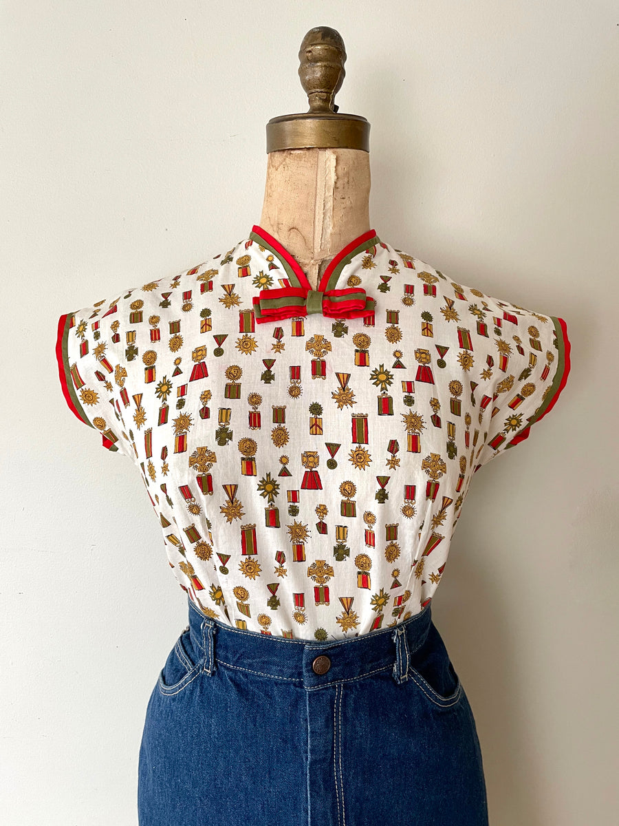 50's 60's Metal Novelty Print Blouse - Size S/M