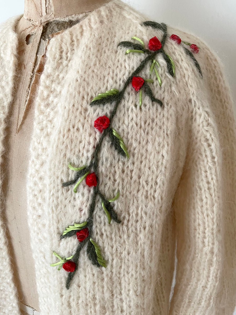 50's Velvet Floral Applique Sweater - Size S/M