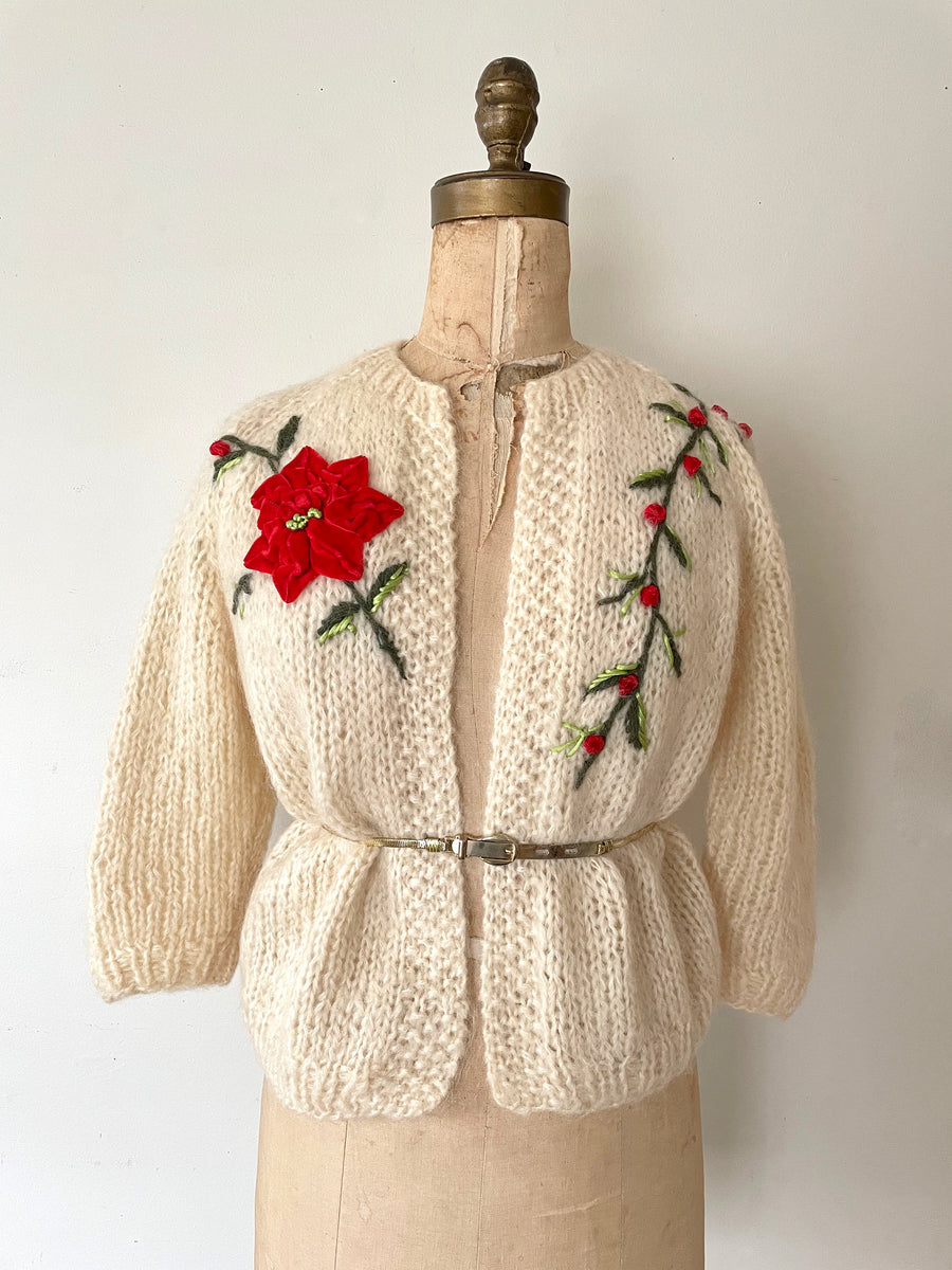 50's Velvet Floral Applique Sweater - Size S/M