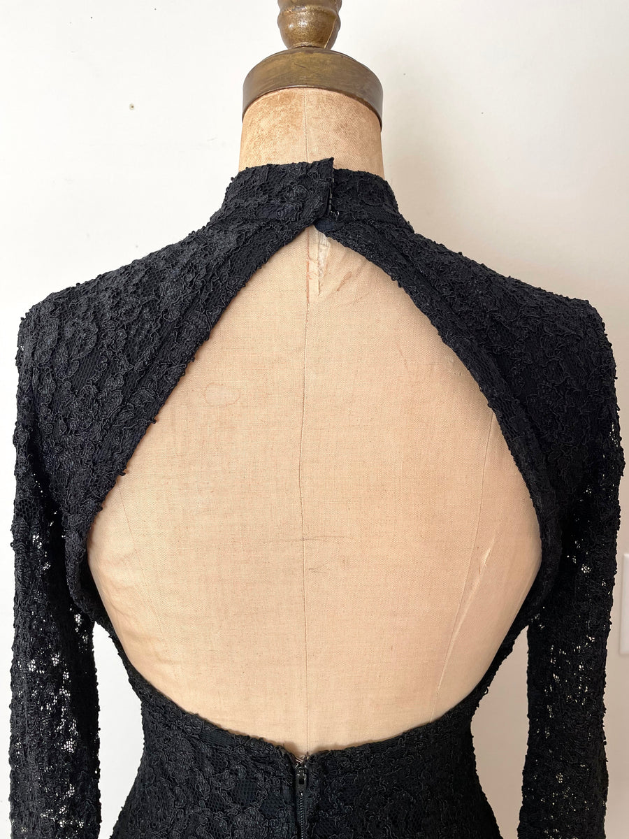 80's Black Lace Open Back Dress - Size Small