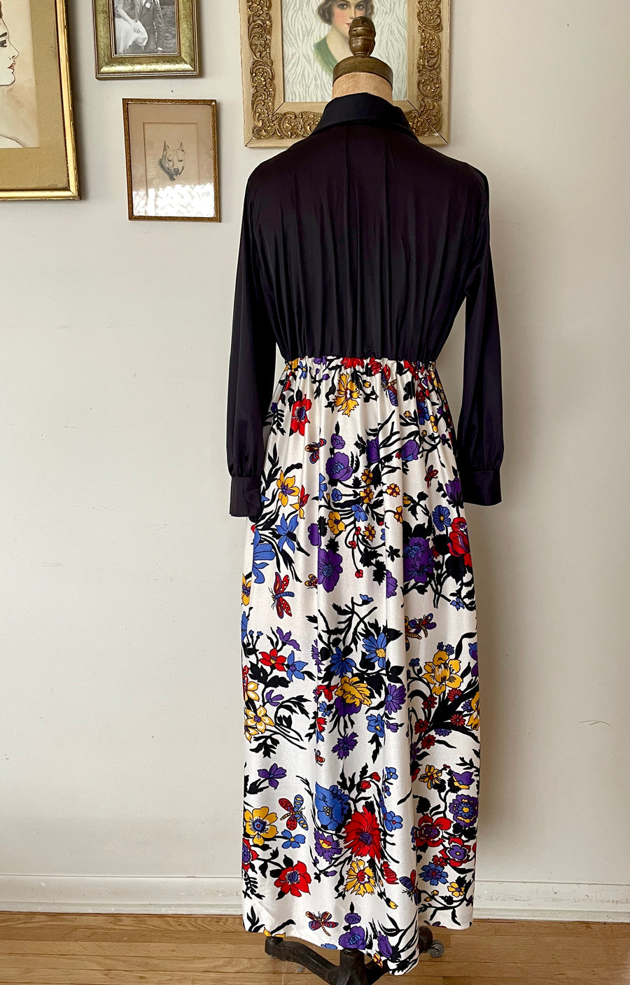 1970's Floral & Dragonfly Print Maxi Dress - Size M/L