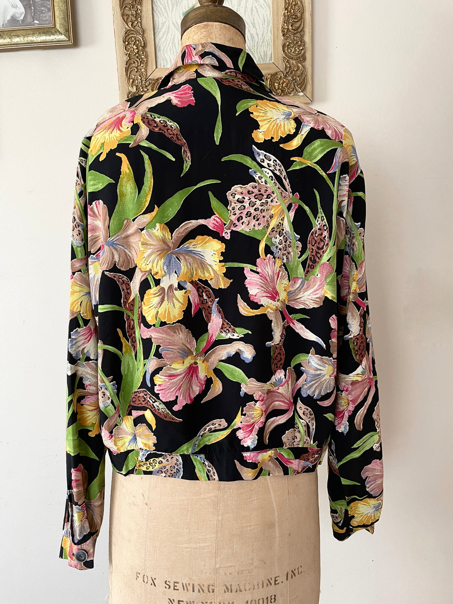 80's does 40's Floral Rayon Blouse - Size M/L