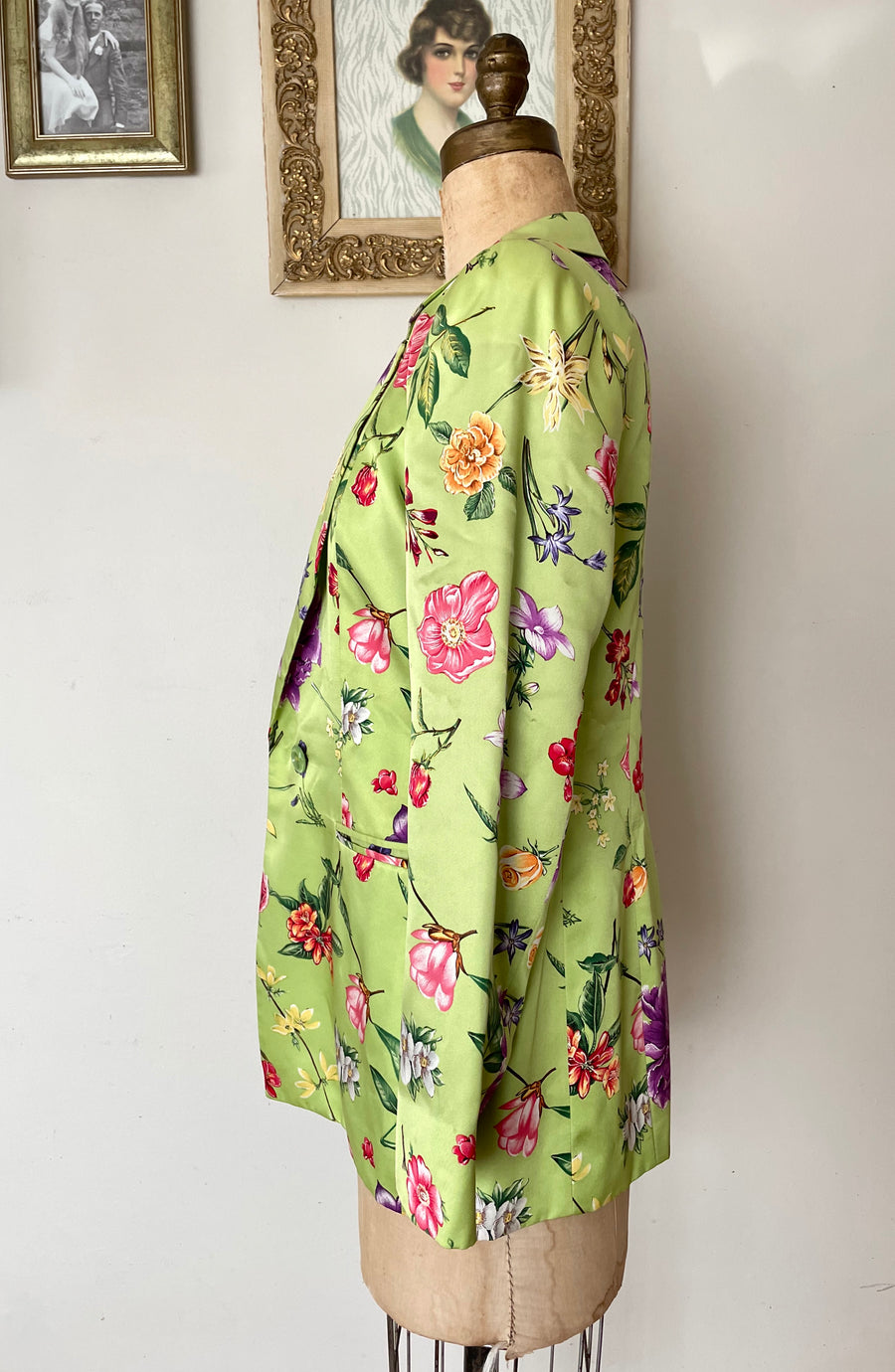 80's Green Floral Silk Blazer - Size M