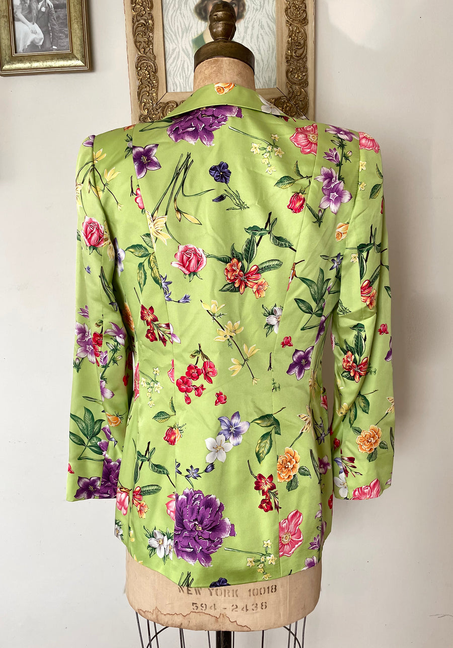 80's Green Floral Silk Blazer - Size M
