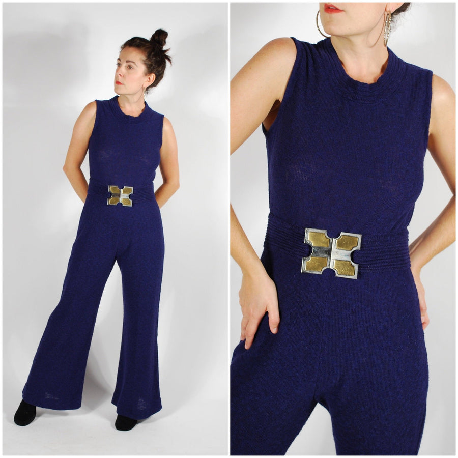 1960's Mod Knit Jumpsuit - 60's Blue Wide Leg Jumpsuit - Size Medium