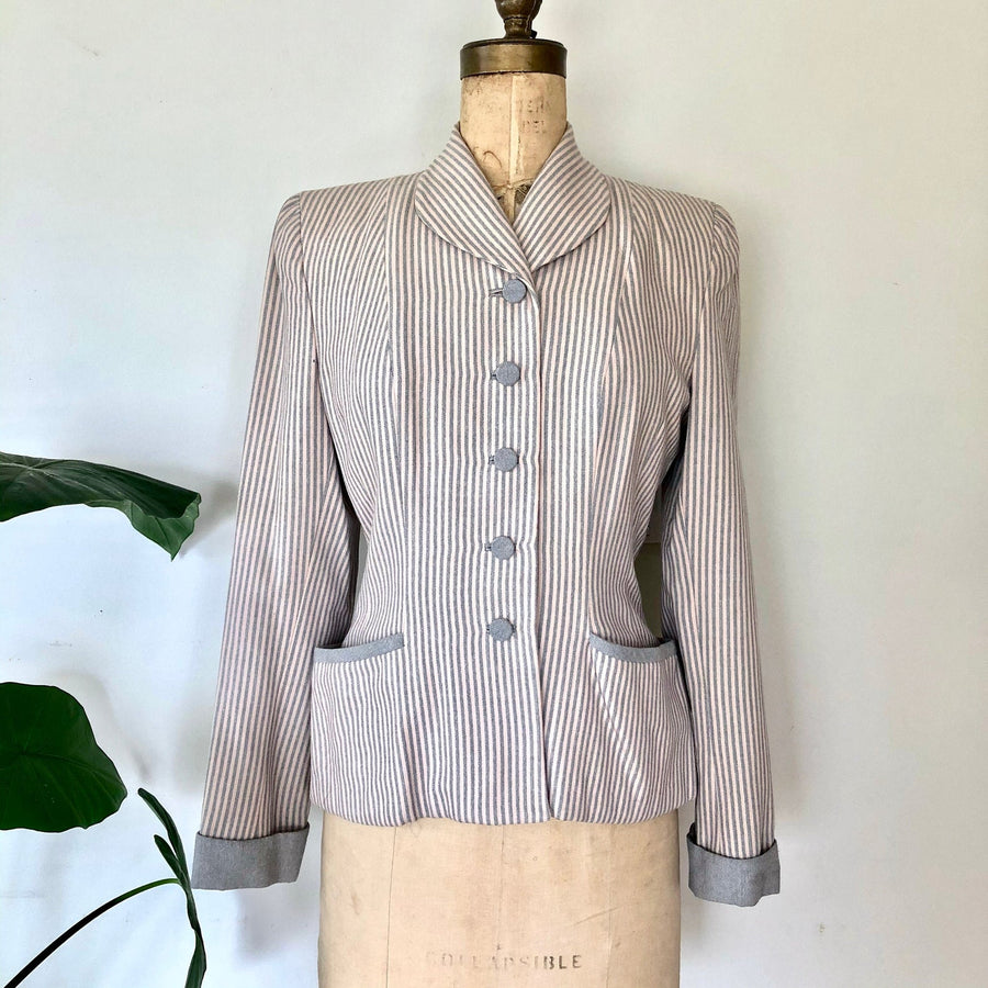 Vintage 1940's Pinstripe Blazer - 40's Pink & Gray Fitted Jacket - Size M