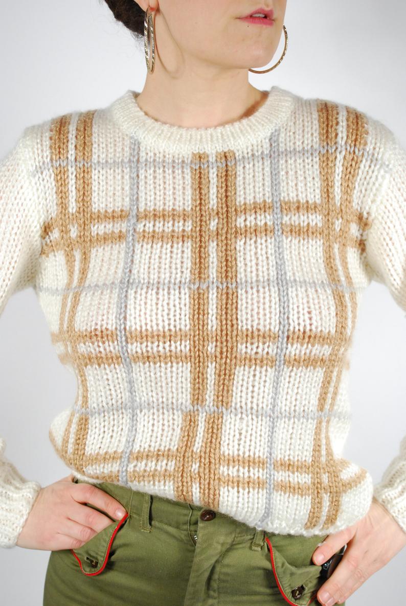 Vintage Knit Sweater - 70's 80's Plaid Sweater - Cream Knit Top - Size S/M