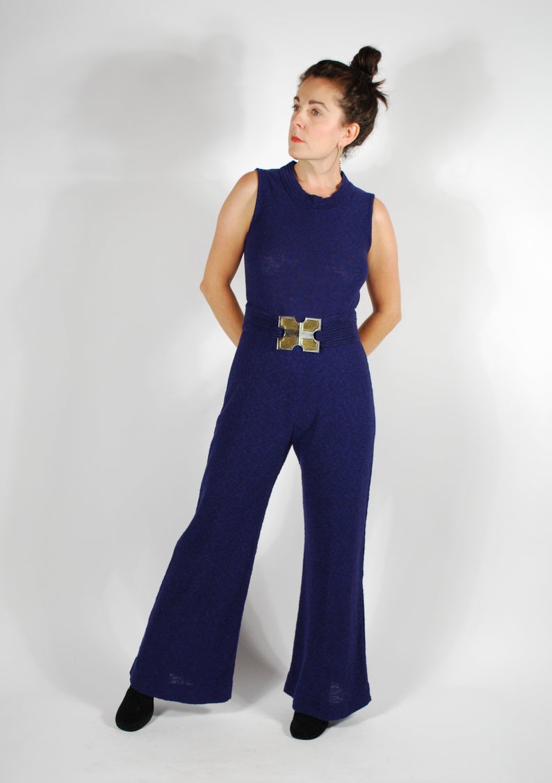 1960's Mod Knit Jumpsuit - 60's Blue Wide Leg Jumpsuit - Size Medium