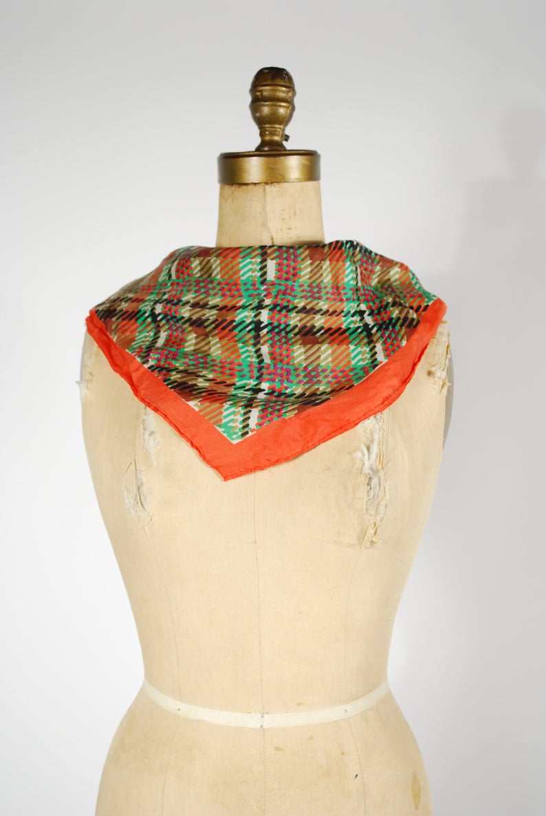 Vintage Plaid Silk Scarf - 70's Plaid Neck Tie Scarf