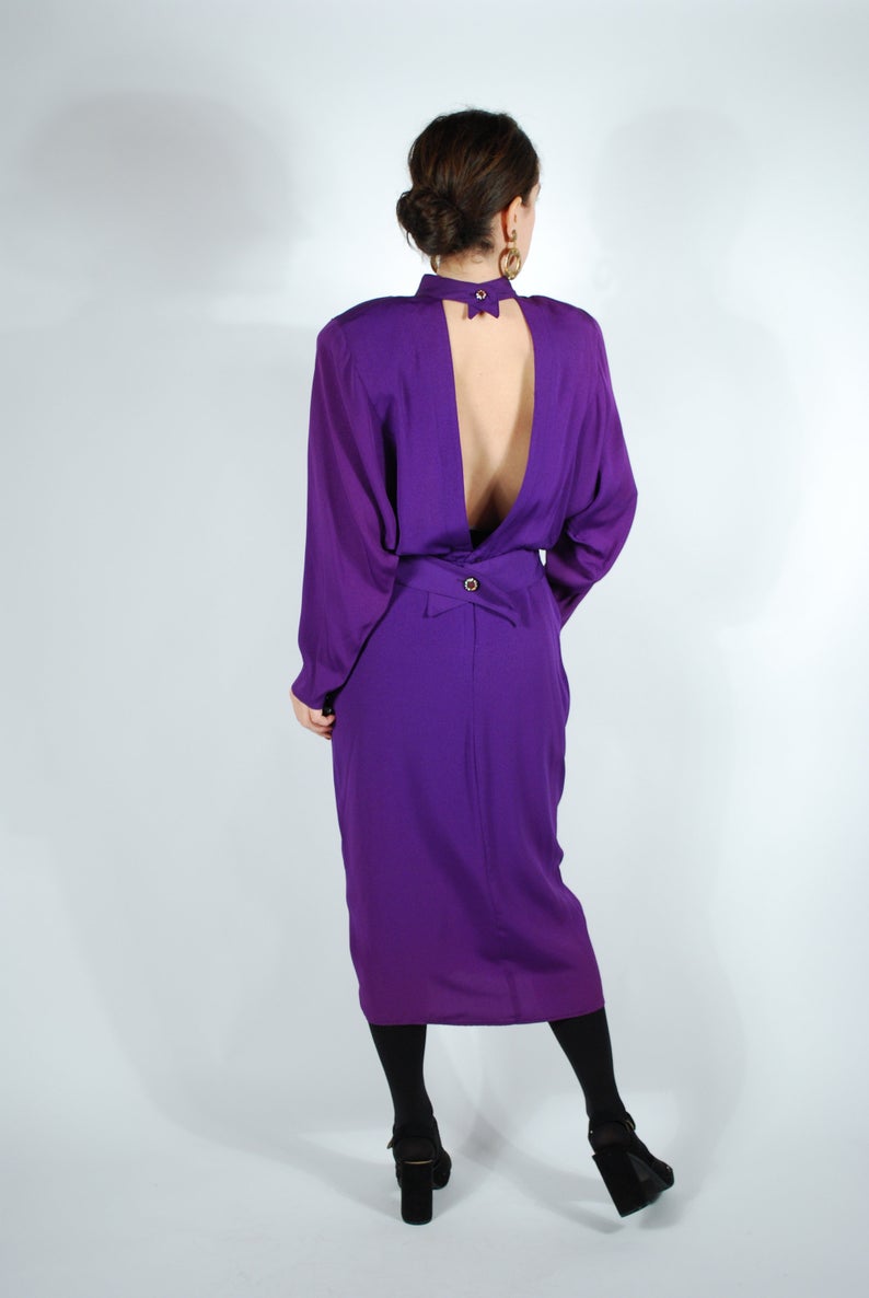 1980's does 1940's Purple Draped Dress - Purple Cocktail Dress - Open Back Dress - Size M