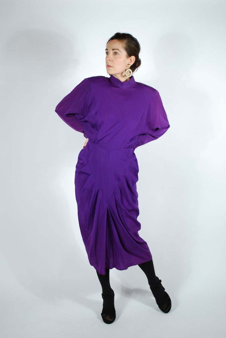 1980's does 1940's Purple Draped Dress - Purple Cocktail Dress - Open Back Dress - Size M