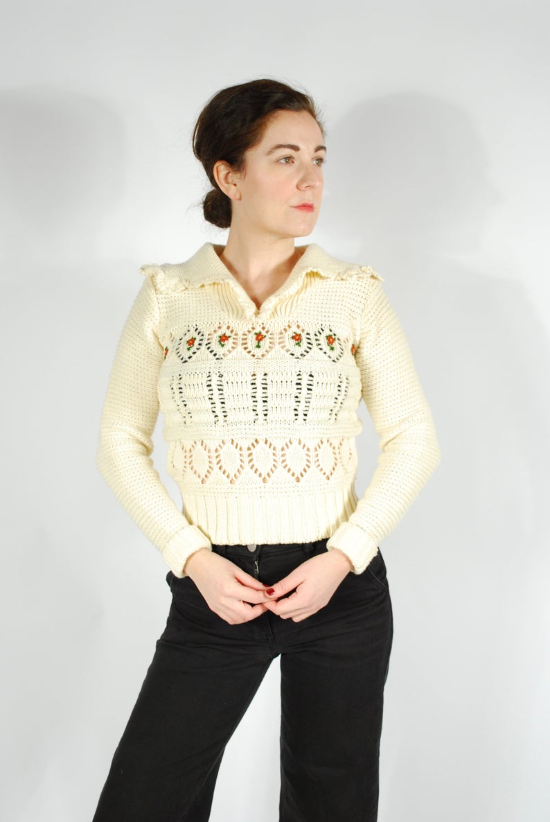1970's Cream Knit Sweater - 70's Embroidered Sweater - Size Small