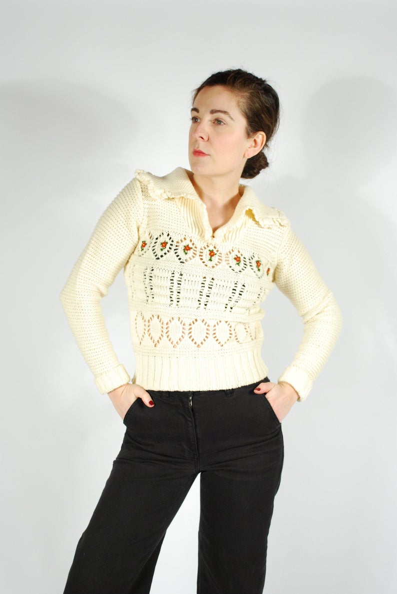1970's Cream Knit Sweater - 70's Embroidered Sweater - Size Small