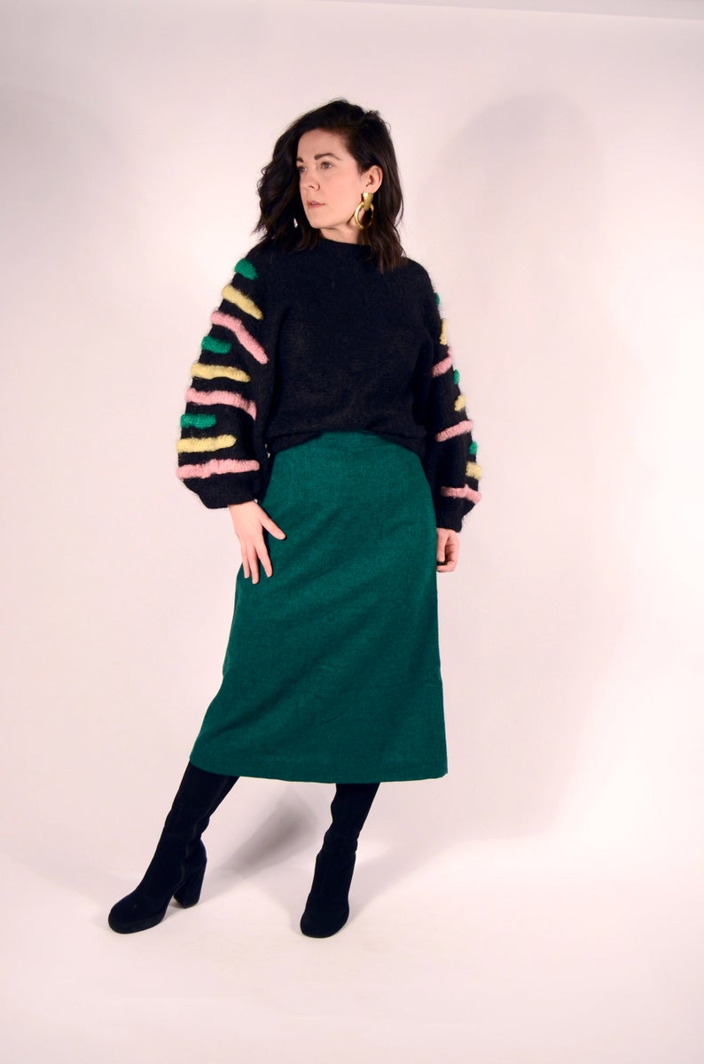 1950's High Waisted Skirt - 50's Green Wool Skirt - Size Small