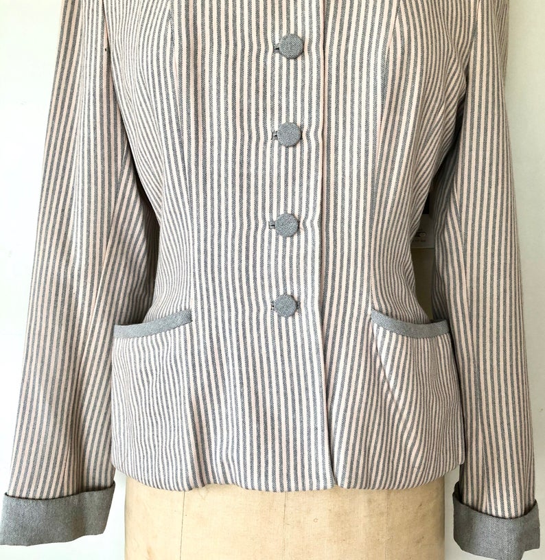 Vintage 1940's Pinstripe Blazer - 40's Pink & Gray Fitted Jacket - Size M