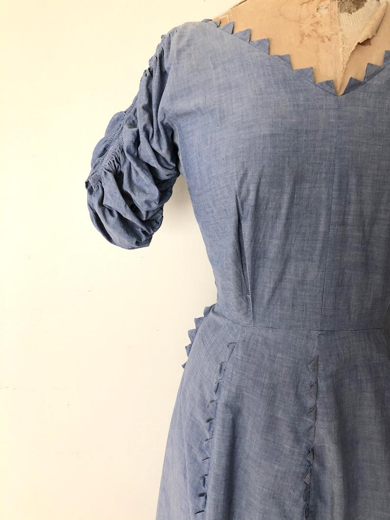 1950's Blue Chambray Dress - 50's Cotton Summer Dress - Size Medium