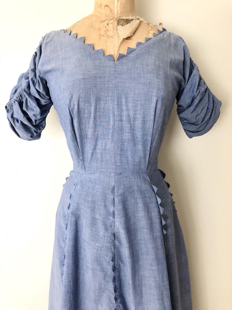 1950's Blue Chambray Dress - 50's Cotton Summer Dress - Size Medium