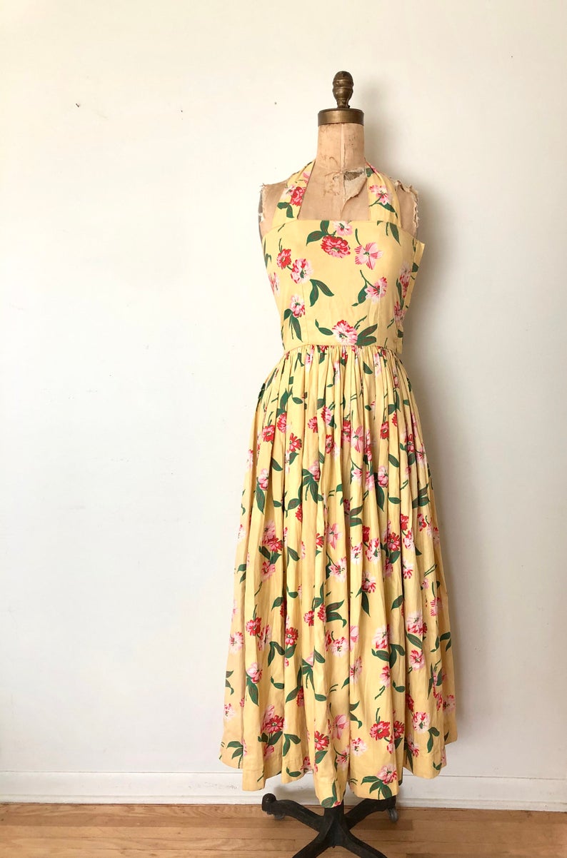 Vintage 1950's Style Halter Sundress - 50's Floral Summer Dress - Size XS/S