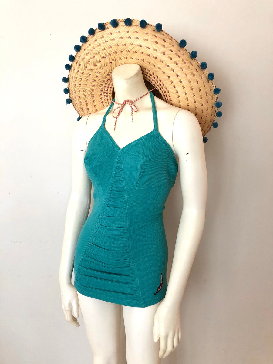 1940's Jantzen Swimsuit - 40's Teal One Piece Swimwear - Size XS
