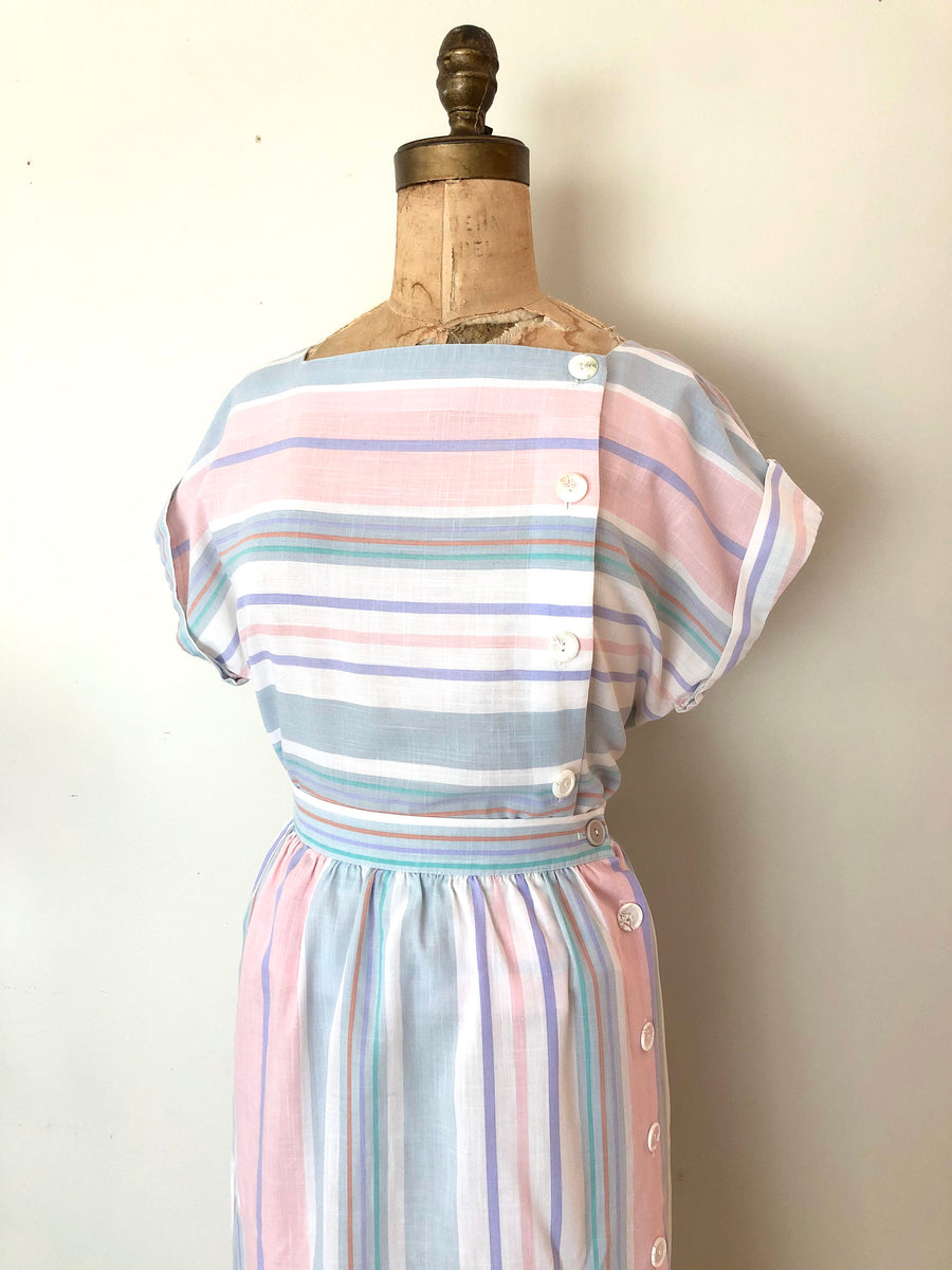 1980's Striped Summer Set - Pastel Skirt & Blouse Set - Size M/L