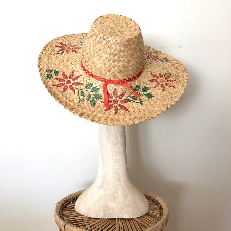 Vintage 50's 60's Straw Beach Hat - Floral Wide Brim Sun Hat