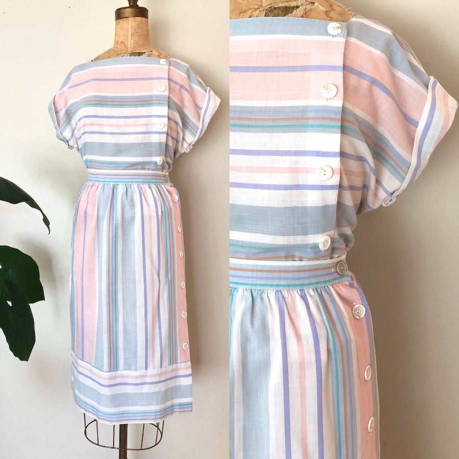 1980's Striped Summer Set - Pastel Skirt & Blouse Set - Size M/L