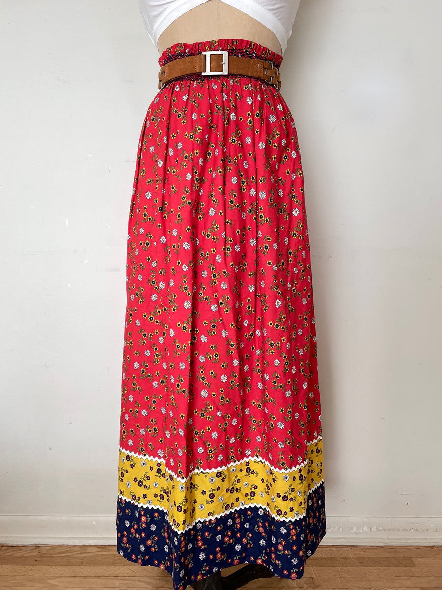 70's Red Floral Maxi Skirt - Waist 26-34