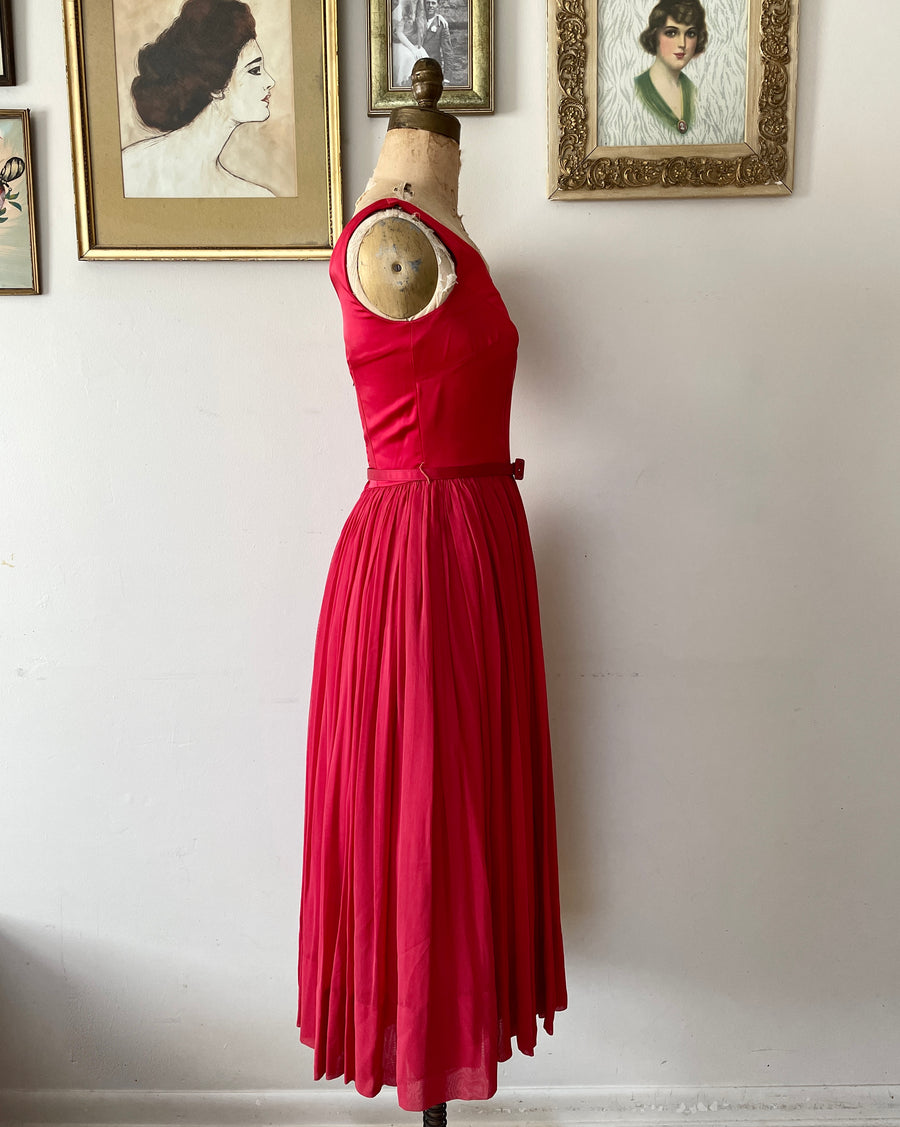 50's Red Satin & Chiffon Dress Set - Size XS/S