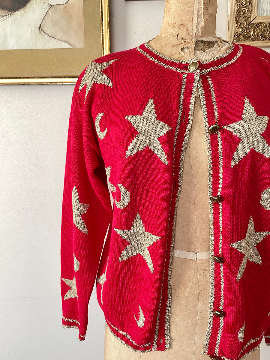 Red & Gold Moon & Stars Cardigan - Size M