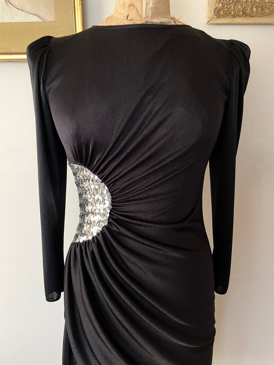 70's Black & Sequin Party Dress - Size Small