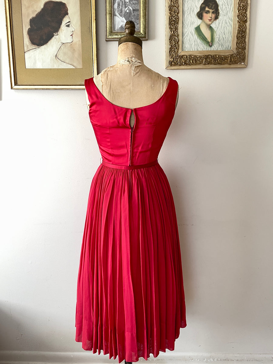 50's Red Satin & Chiffon Dress Set - Size XS/S