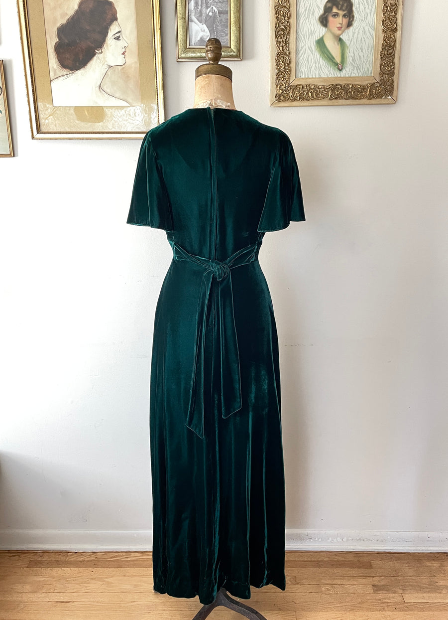 1970's does 30's Green Silk Velvet Dress - Size S