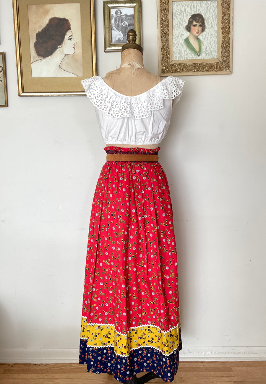 70's Red Floral Maxi Skirt - Waist 26-34