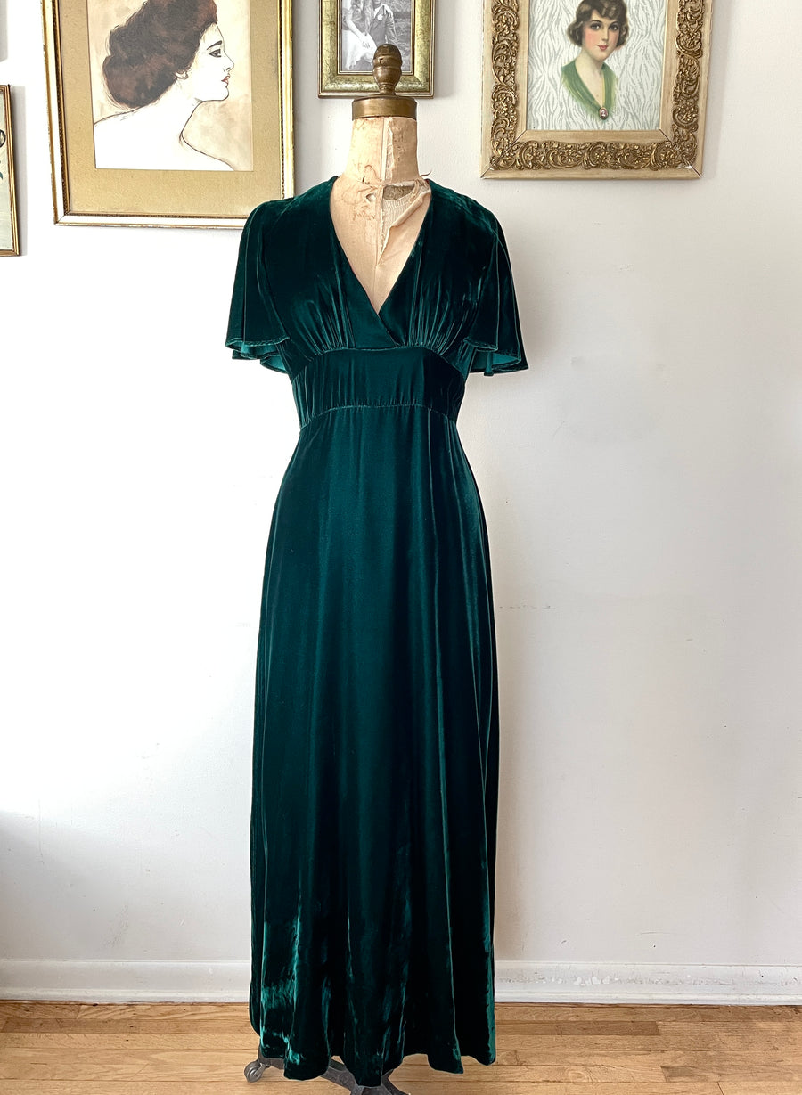 1970's does 30's Green Silk Velvet Dress - Size S