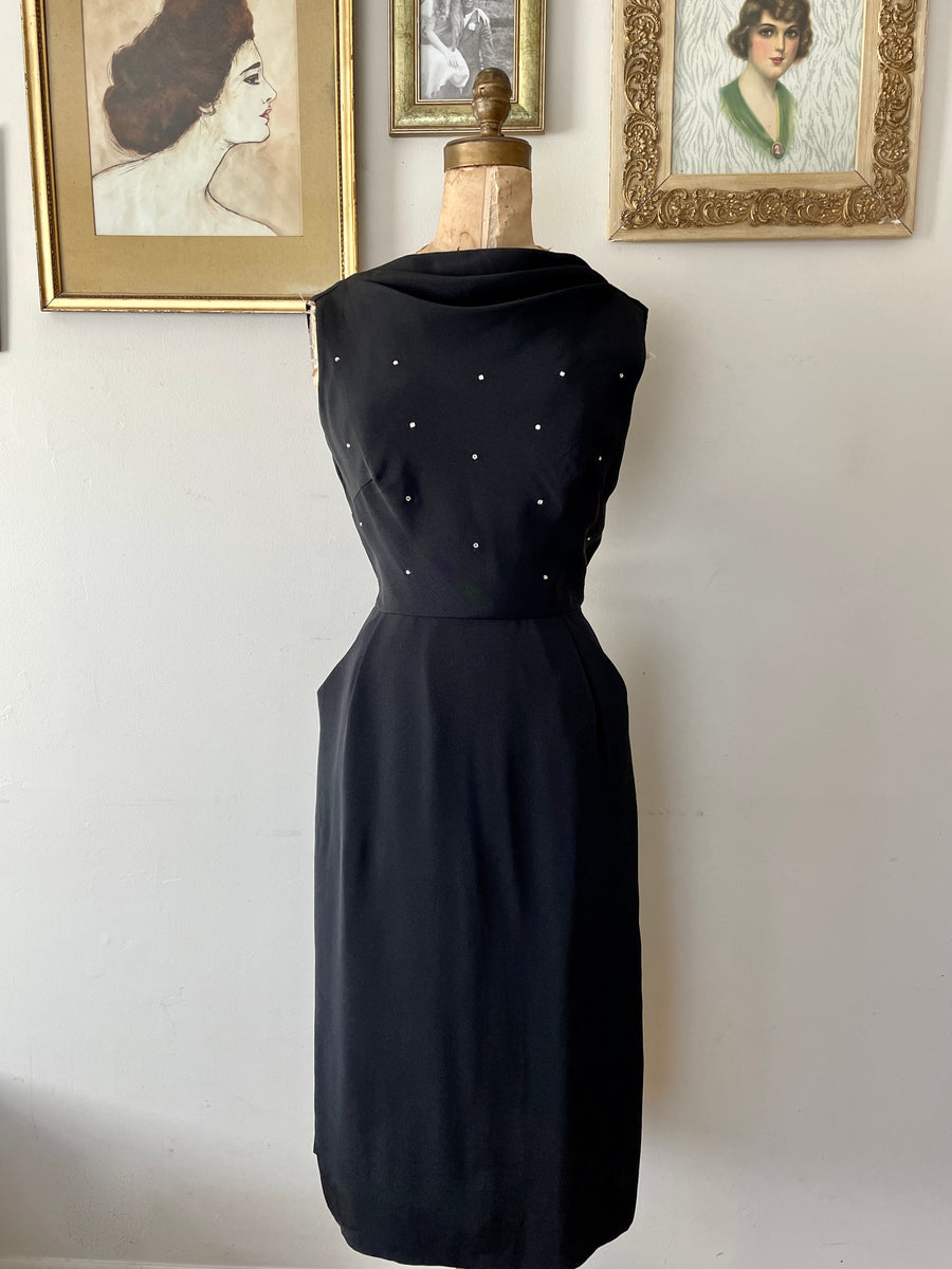 1950's Black & Rhinestone Wiggle Dress - Size M