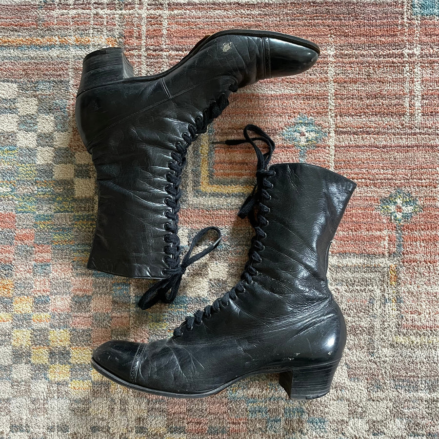 Antique Edwardian Black Leather Boots - Size 7 1/2