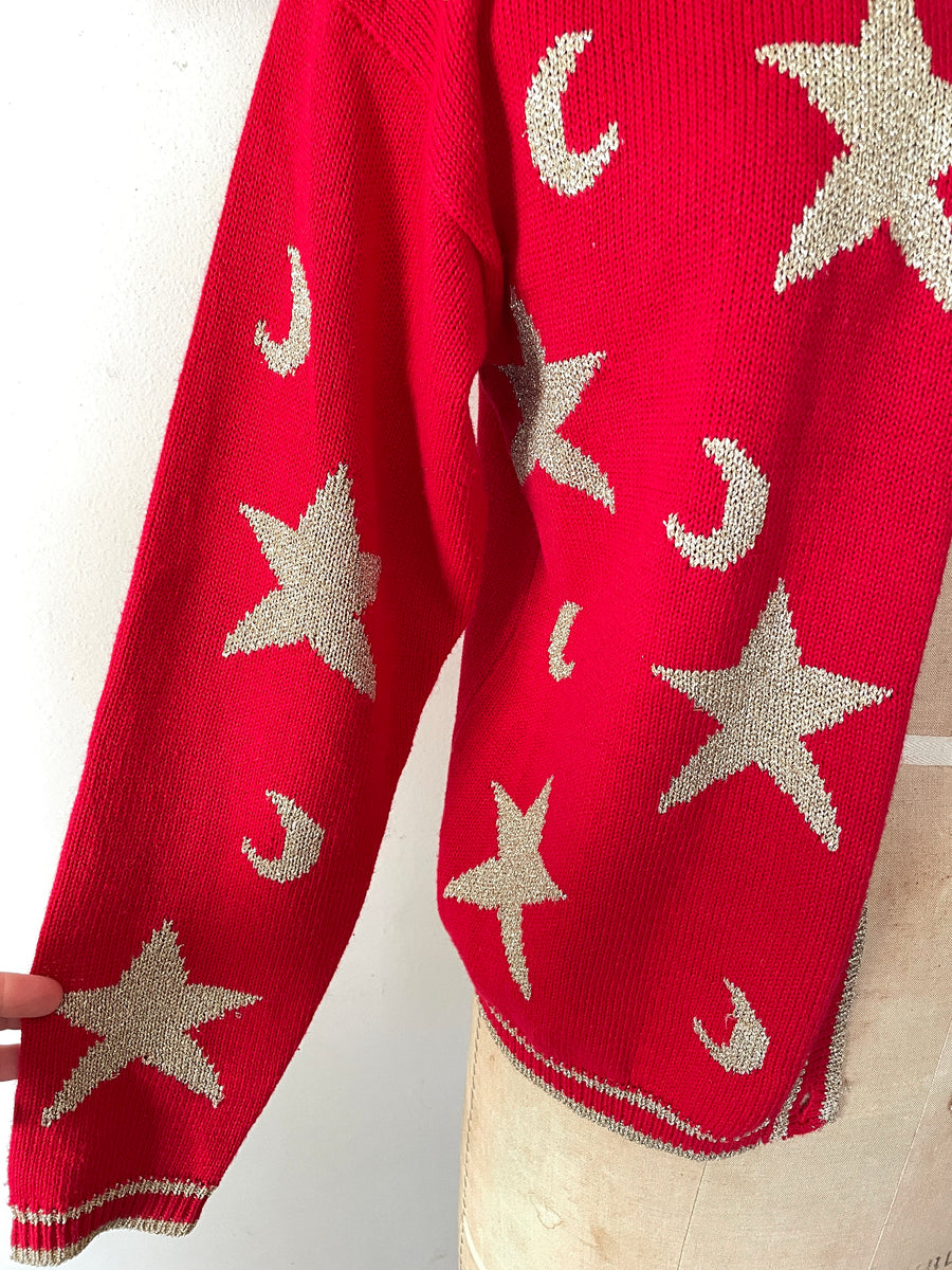 Red & Gold Moon & Stars Cardigan - Size M