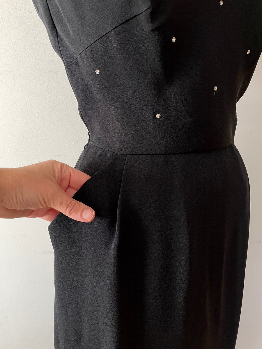 1950's Black & Rhinestone Wiggle Dress - Size M