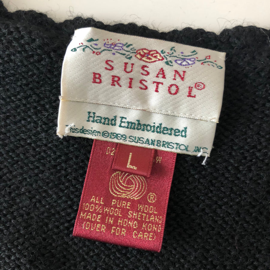 Vintage Black Embroidered Knit Vest - Size L
