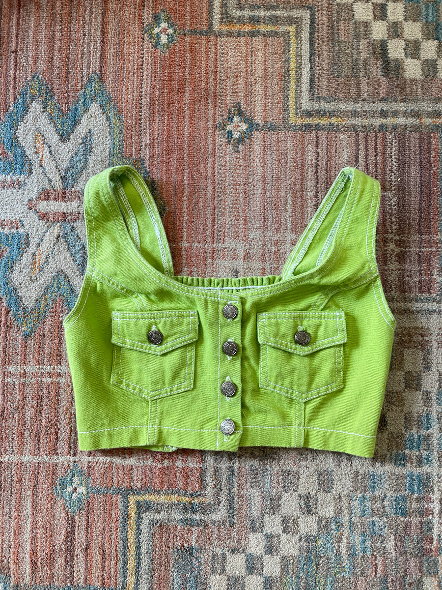 90's Lime Green Denim Crop Top - Size XS/S