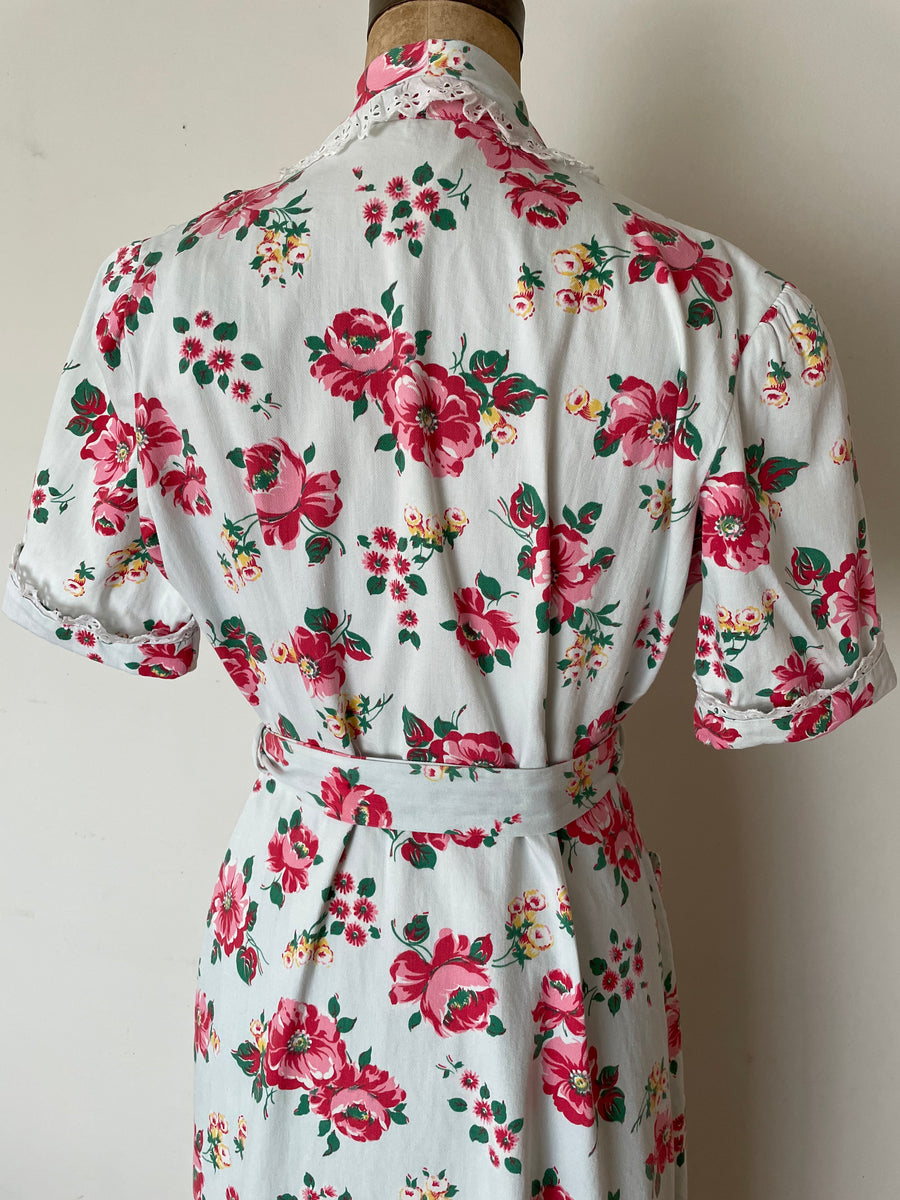 1940's Cotton Rose Print Dressing Gown - Size M