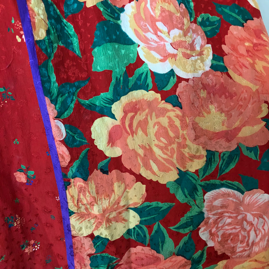 1980's Silk Rose Print Dress - Size L/XL