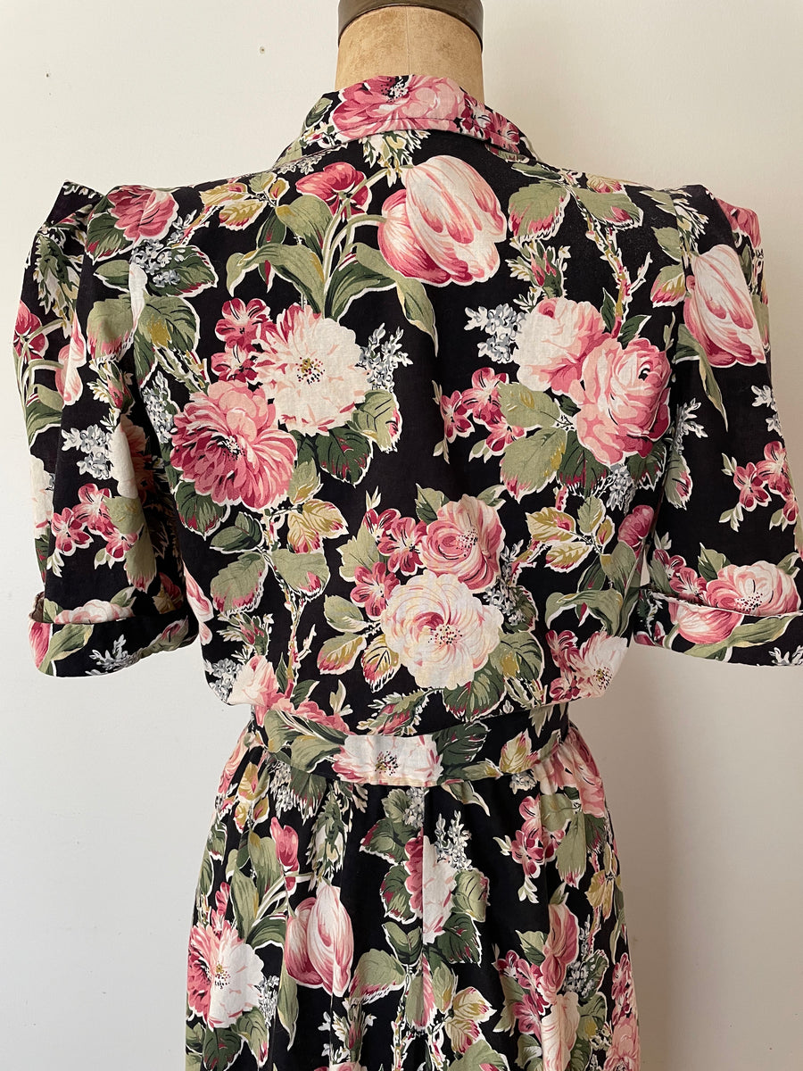 80's does 40's Black Moody Floral Dress - Size M