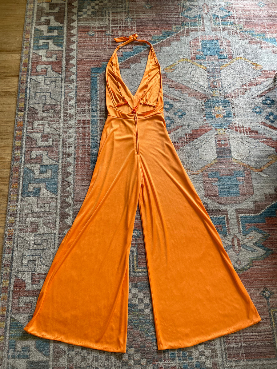 1970's Orange Wide Leg Halter Jumpsuit - Size S/M