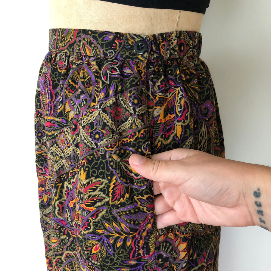 Vintage Black Floral Rayon Skirt - Size M/L